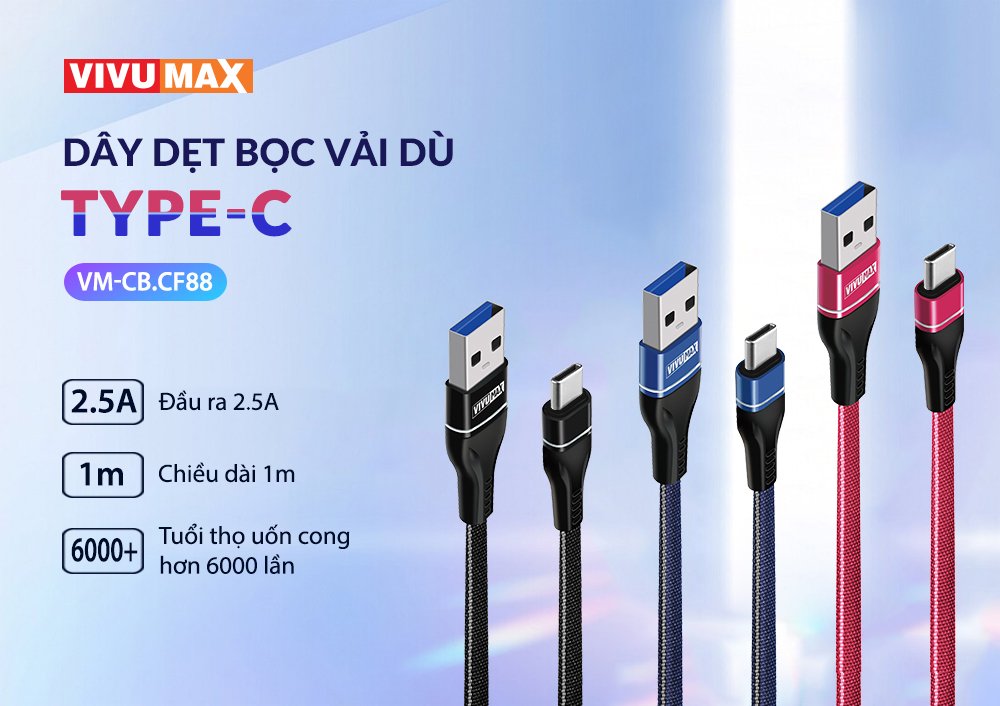 Cáp dù dẹt sạc nhanh và truyền dữ liệu cao cấp Vivumax CF88 đầu sạc Type C dành cho (Samsung /Oppo /Xiaomi /Vsmart / Nokia /Realme…) – Hàng Chính Hãng