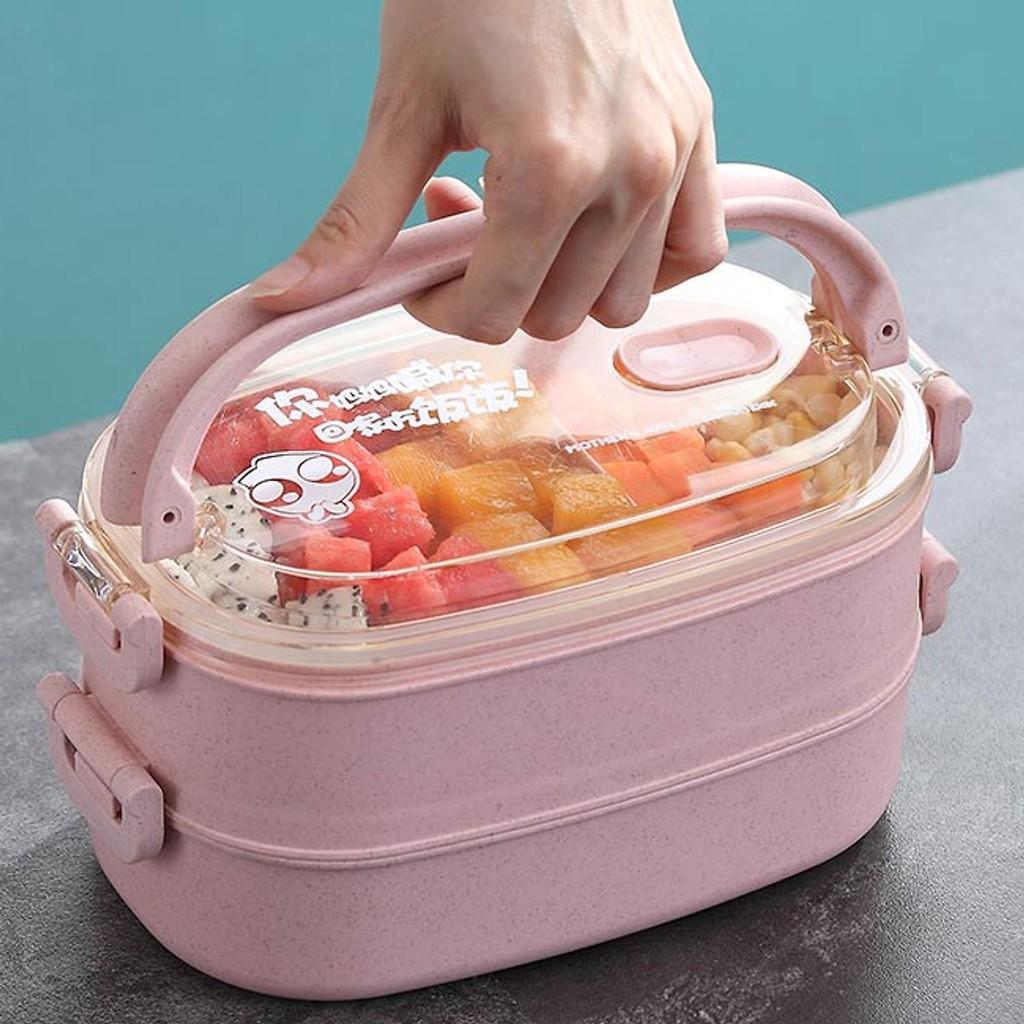 Hộp Cơm Lúa Mạch 2 Tầng 2 Ngăn Kèm Đũa Thìa - Hàng Loại 1