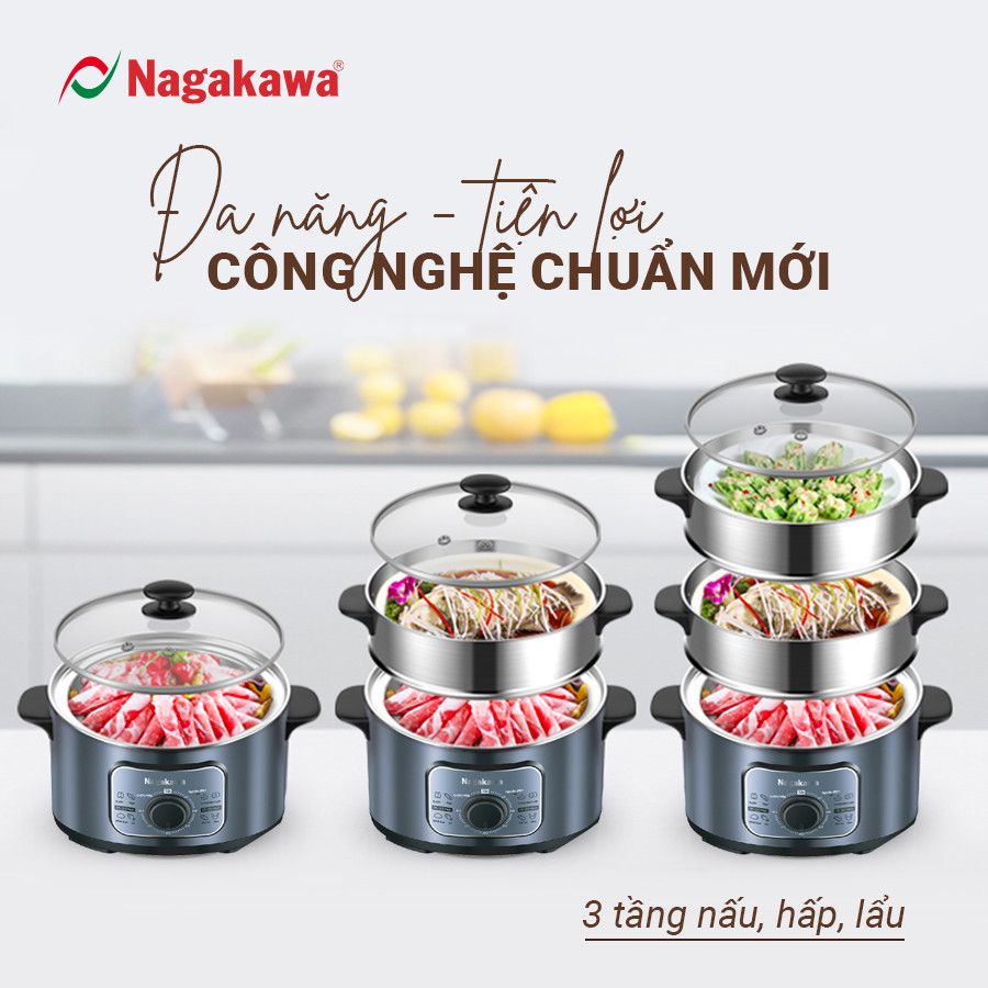 Nồi hấp điện inox đa năng Nagakawa NAG3310 (1300W - 11.8 Lít) - Hàng chính hãng