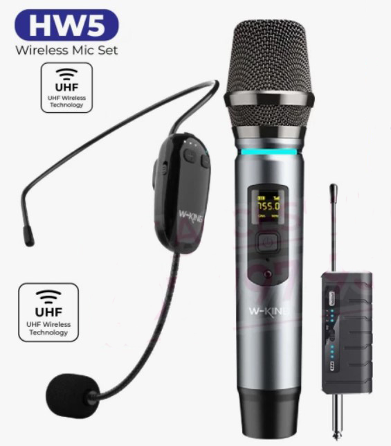 Bộ 1 Mic quàng đầu + 1 Mic cầm tay không dây W-king HW5 - Hàng chính hãng