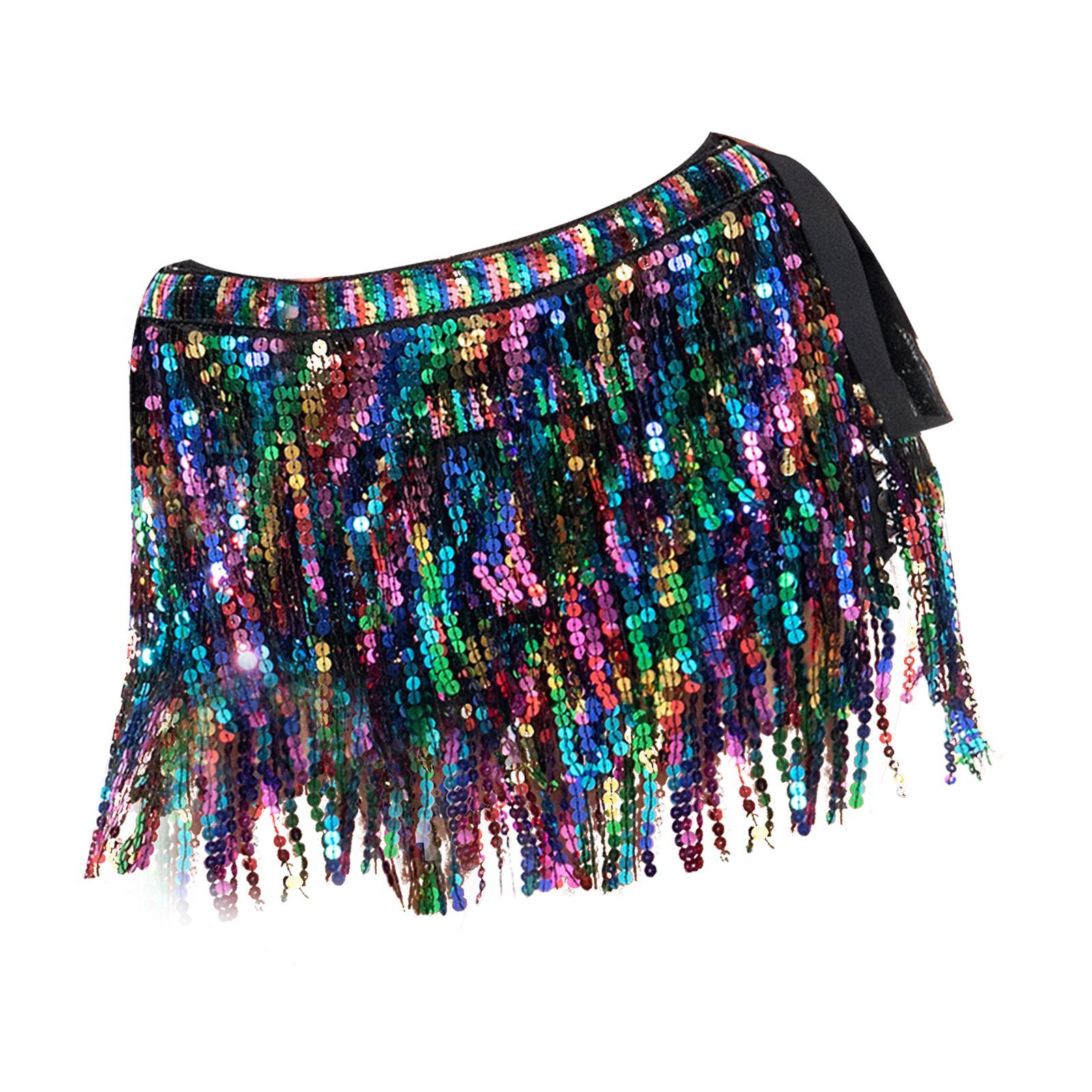 Women Belly Dance Hip Skirt Sequin Wrap Tassel Scarf Belt for Stage Performance Tango