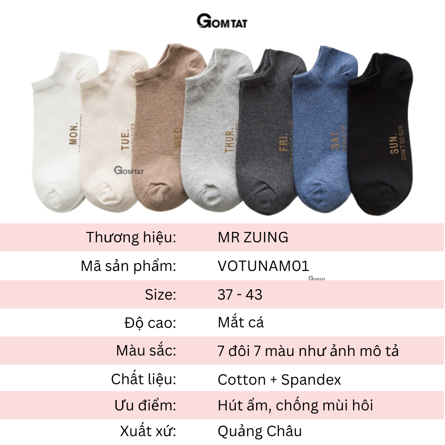 Set 7 đôi Vớ cổ ngắn nam chất liệu cotton cao cấp, tất nam cổ thấp 7 đôi sử dụng 7 ngày - VOTUAN-NAM01