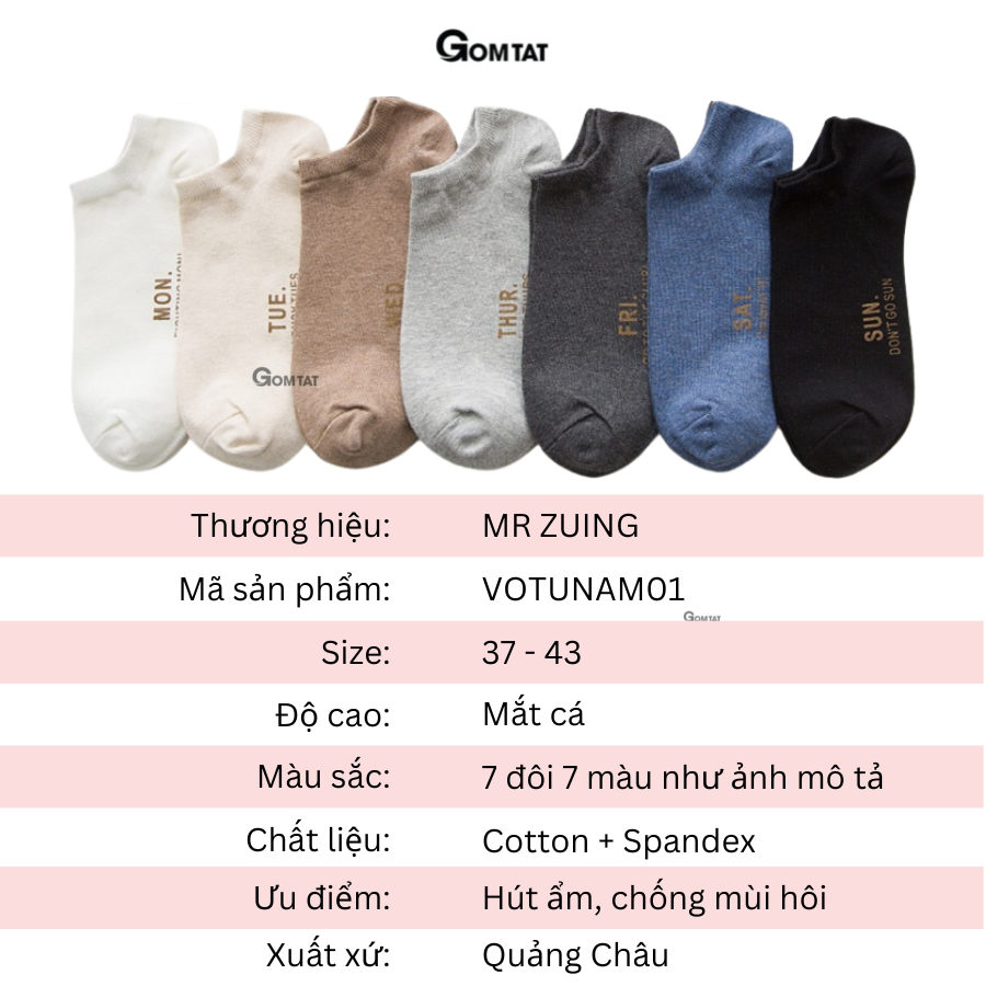 Set 7 đôi Vớ cổ ngắn nam chất liệu cotton cao cấp, tất nam cổ thấp 7 đôi sử dụng 7 ngày [mẫu nam 01] - VOTUAN-NAM01