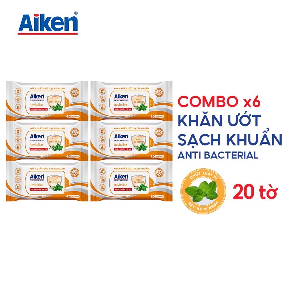 Aiken Combo 6 Gói Khăn Ướt Sạch Khuẩn Chiết Xuất Bạc Hà 20 Tờ/gói