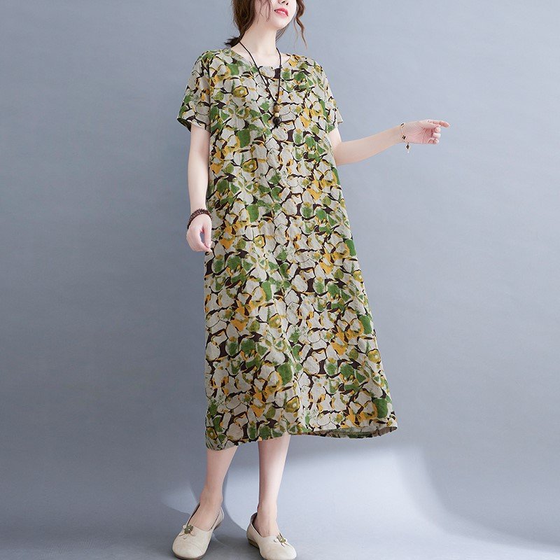 Đầm Linen nữ dáng suông hoa nhí thiết kế cơ bản cổ tròn ngắn tay, chất liệu linen mềm mát Đũi Việt