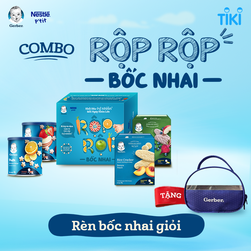 Rộp rộp bốc nhai - Combo 4 - 2 Bánh ăn dặm Gerber Vị Dâu Táo/ Vị Chuối Cam + 2 Bánh gạo ăn dặm hữu cơ Gerber Organic Vị Chuối Đào/ Vị Nam VIệt Quốc - Táo Củ Dền + Tặng 1 Túi xách cho mẹ