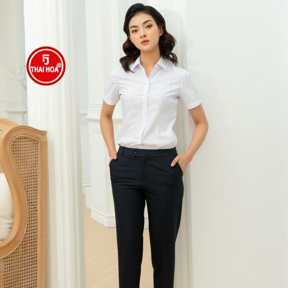 Áo sơ mi nữ Thái Hòa vải cotton thoáng mát màu trắng N047-01-01