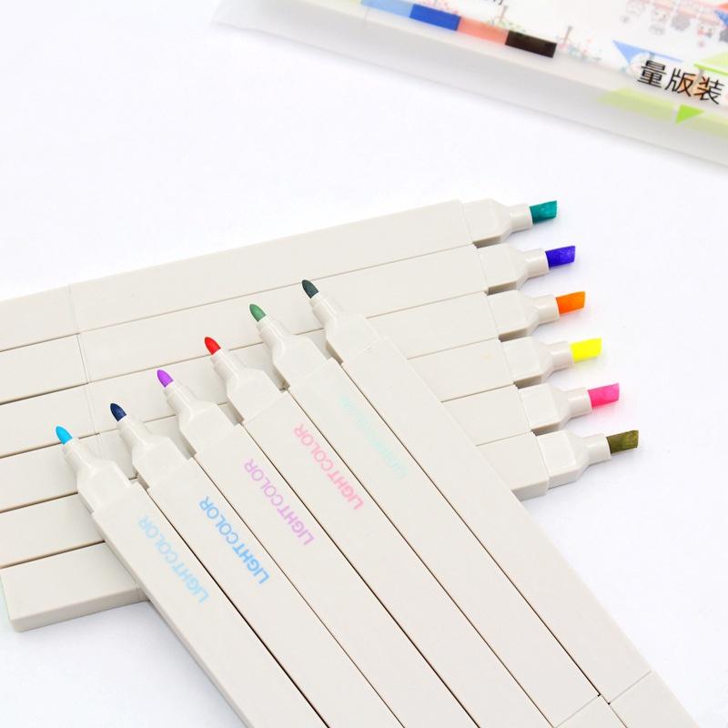Túi 6 bút dạ hai đầu Morandi xinh xắn - bút đánh dấu highlight nhiều màu LIGHTCOLOR tặng kèm sticker ST485