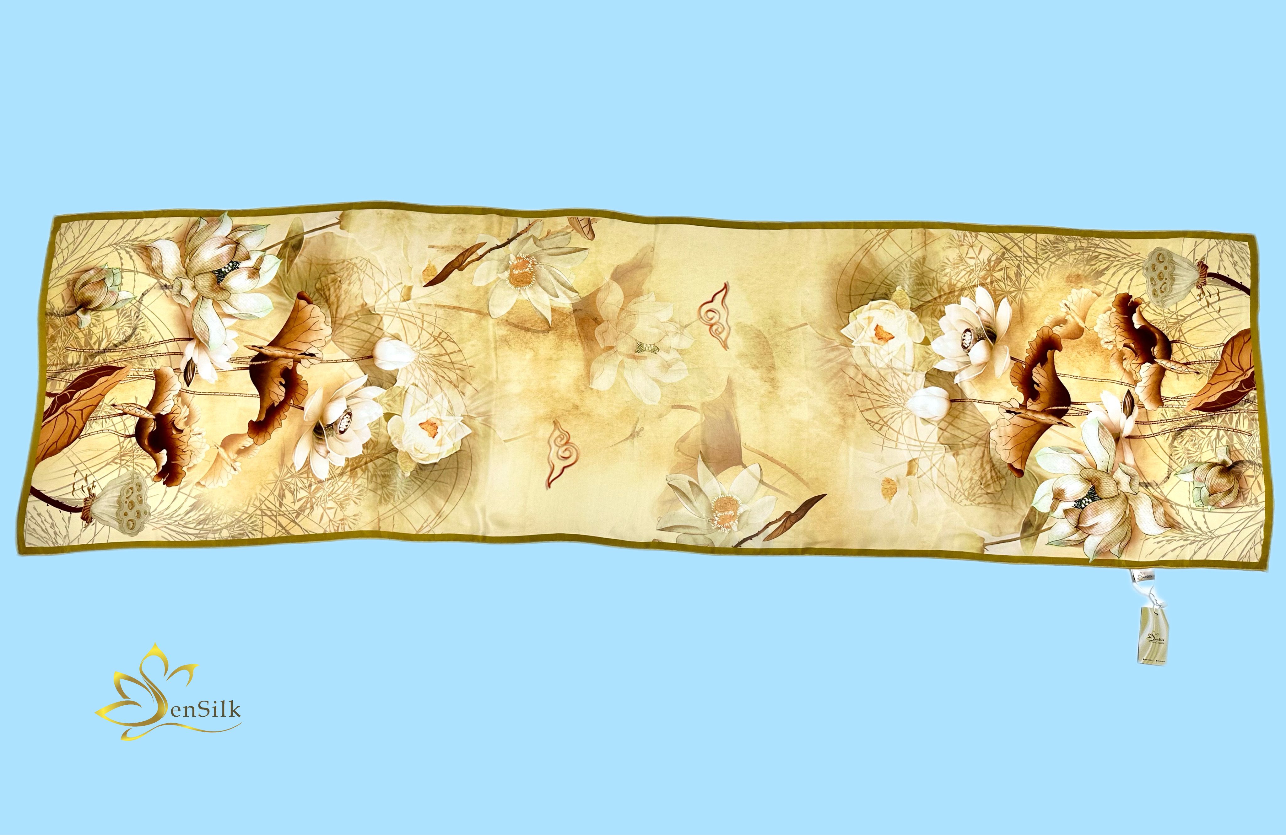 100% Silk Print Scarf - Khăn Lụa Tơ Tằm in White Lotus - Quà Tặng Cao Cấp SenSilk KLDI03 180x55cm
