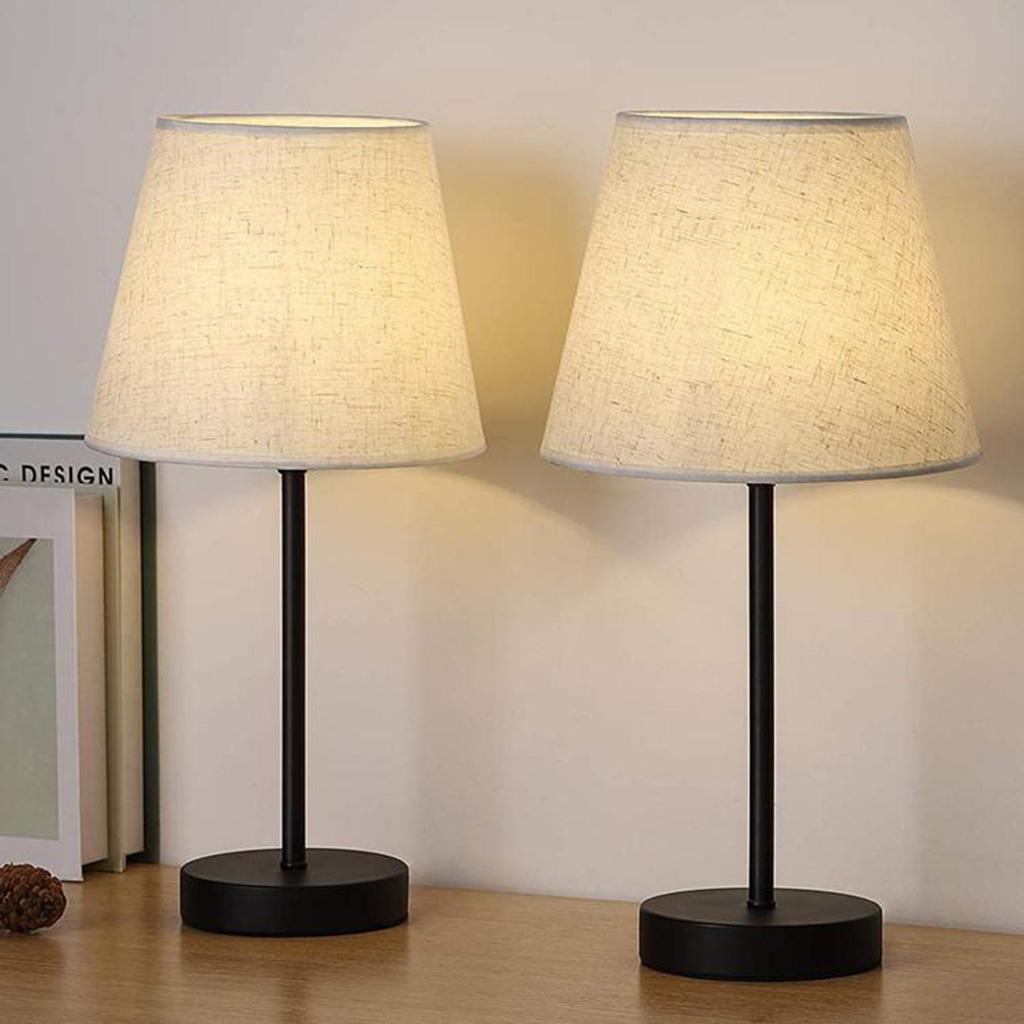 2xMetal Bedside Table Lamps Base 3-Way Dimmable Fabric Lampshade Desk Light