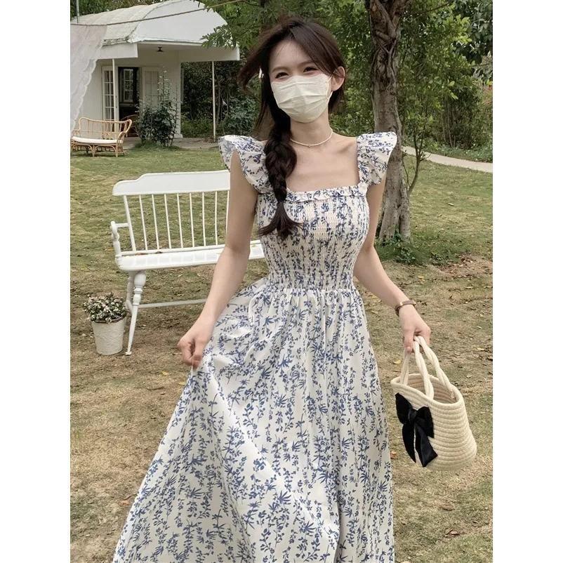 TOBE1SHOP Pháp cổ vuông hoa thời trang đầm phụ nữ 2023 mùa hè ngọt ngào thắt lưng hiển thị gầy bay tay áo váy