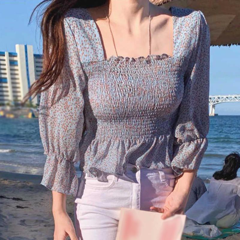 Áo Kiểu Vải Voan Tay Dài Cổ Vuông In Hoa Xinh Xắn Cho Nữ