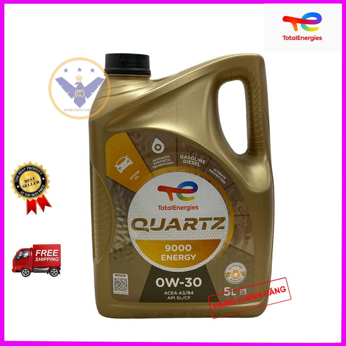 Bộ 3 dầu nhớt ô tô cao cấp tổng hợp Total Quarzt 9000 0W-30 can 5L