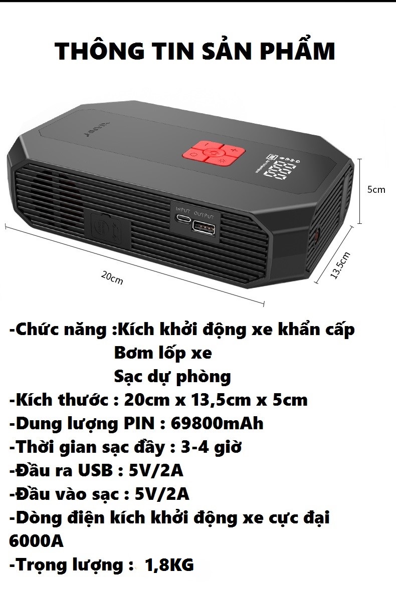 Bơm Lốp Điện Tử Cao Cấp Tích Hợp Kích Bình Đề Nổ Xe Ô Tô Dung Lượng Khủng 69800mA , Dòng Điện Cực Đại 6000A ,Cứu Hộ Xe Hơi Kiêm Sạc Dự Phòng, Đèn Led SOS