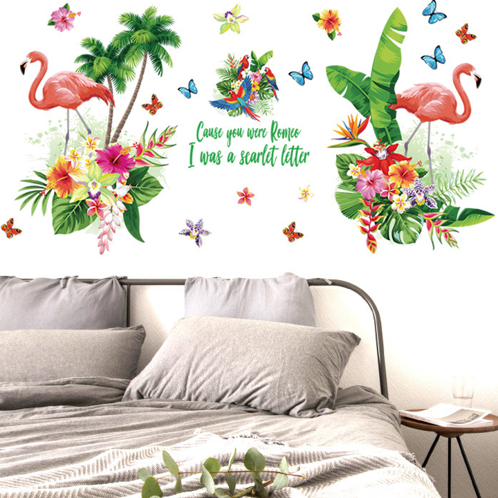 Decal dán tường chất liệu PVC loại 1 trang trí phòng khách- Đôi hạc lá xanh