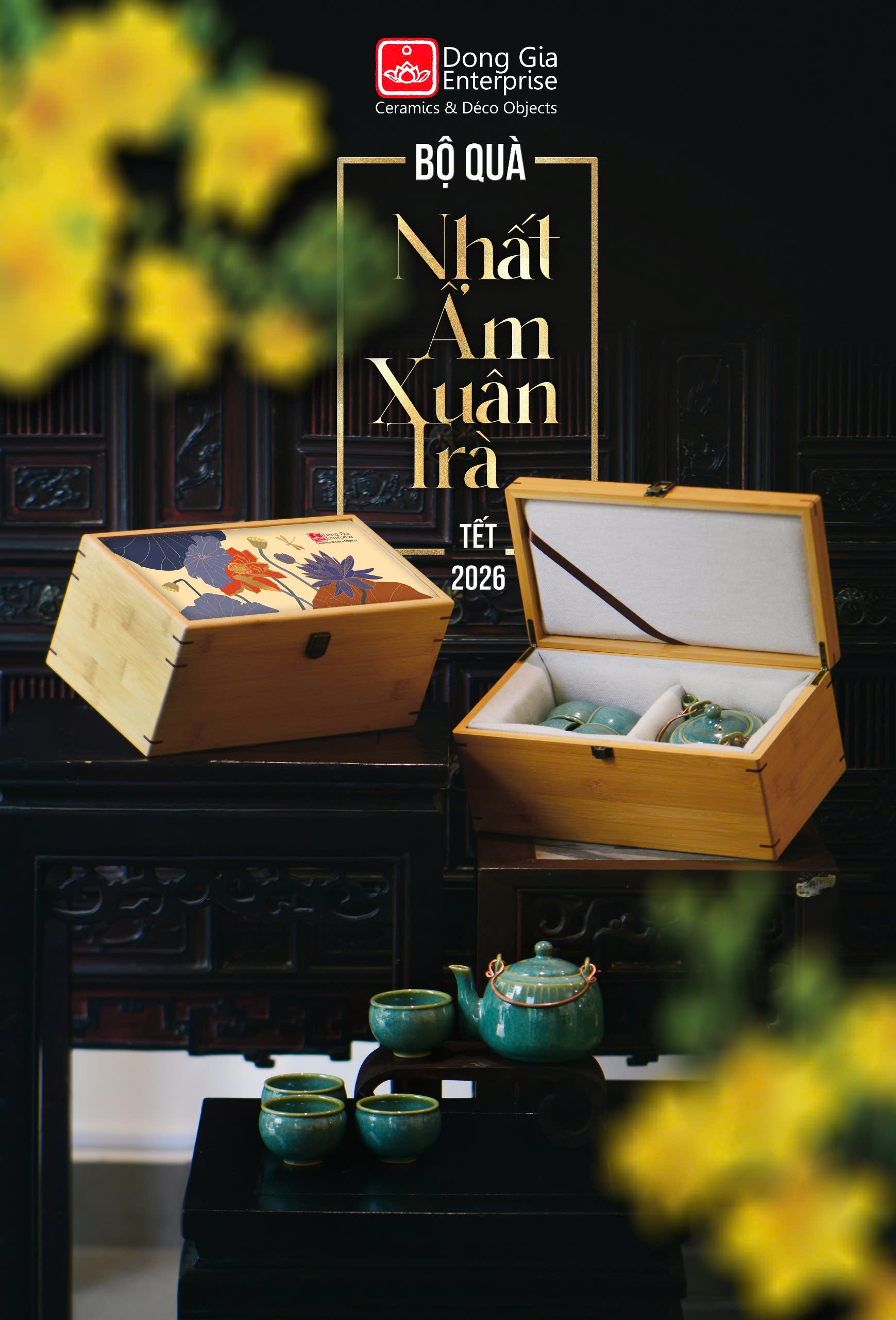 Bộ QT hộp tre ấm mùa xuân nhỏ + 04 chén DG24 (Men 0005) - Đông Gia