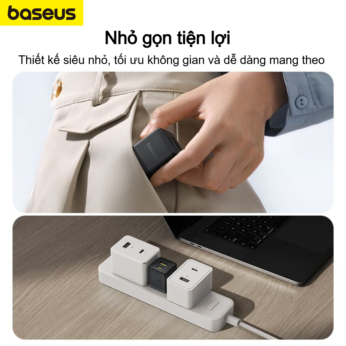 Bộ sạc nhanh nhỏ gọn 2 cổng Baseus Palm U + C 20W (Kèm cáp C to C 60w dài 1M) - Hàng chính hãng