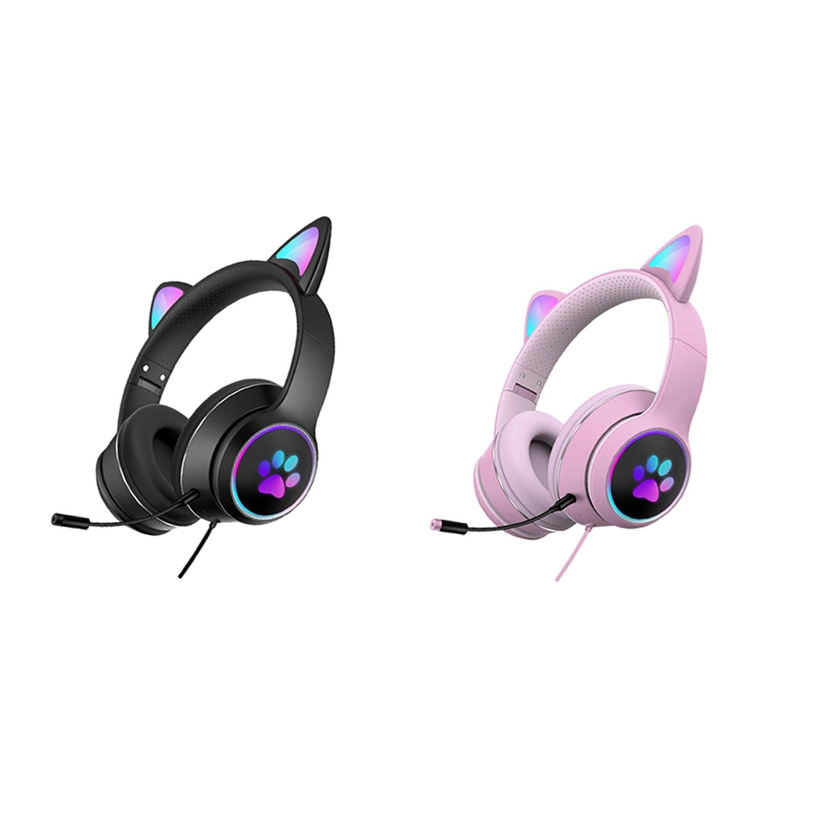 2 Pcs Cat Ear Wired Over-Head Headset RGB Light for PC Noise Reduction