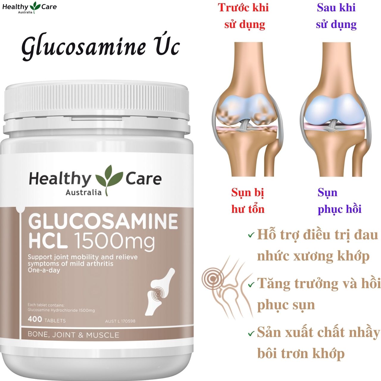 Glucosamine Úc Healthy Care HCL 1500mg Hỗ trợ giảm đau nhức xương khớp - QuaTangMe Extaste