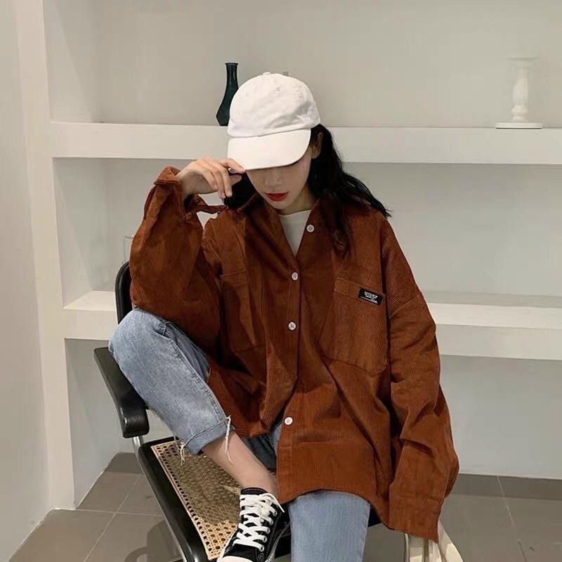 Áo Khoác Sơmi Nhung Gân 1 Túi logo form unisex rộng thoải mái cute