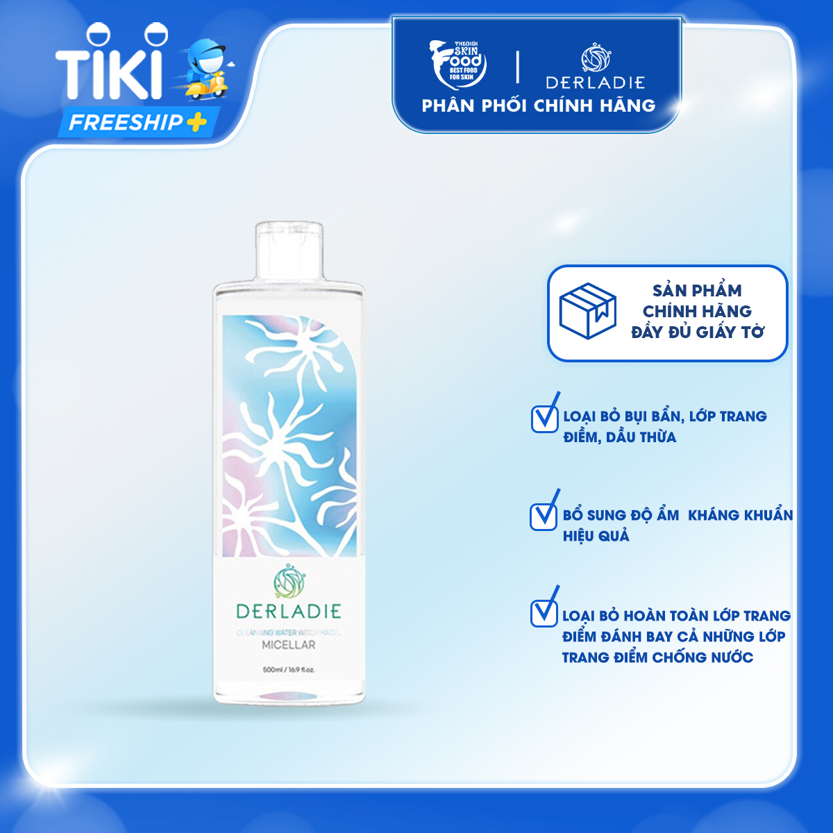 Nước Tẩy Trang Làm Sạch Da, Dịu Nhẹ Derladie Cleansing Water Witch Hazel Micellar [Phiên Bản Nâng Cấp]