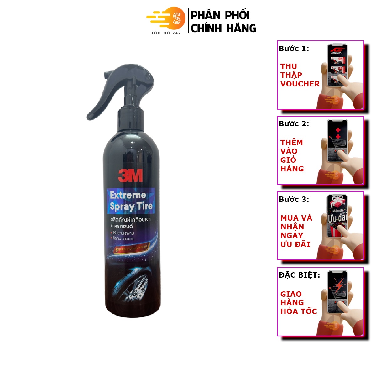 Chai xịt bảo dưỡng lốp và mâm xe ô tô cao cấp 3M Extreme Spray Tire 39042E 400ml (Hàng Thái)