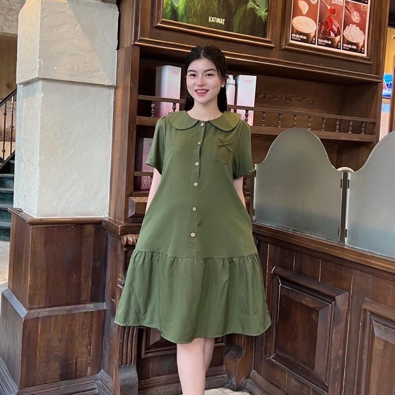 Đầm bầu công sở form đuôi cá phối nút cổ sen chất cotton lạnh đồ bầu đẹp dễ thương - Xanh rêu