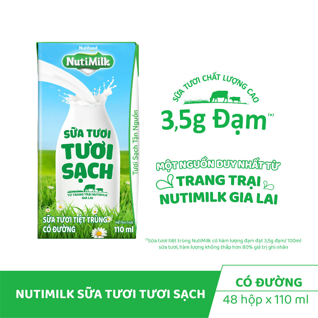 Thùng 48 hộp Sữa Tươi Tươi Sạch Nutimilk Có Đường 110ml