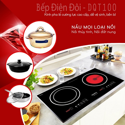 Bếp điện đôi phổ thông điều khiển cảm ứng DQT-100 kính pha lê cường lực cao cấp - Hàng chính hãng