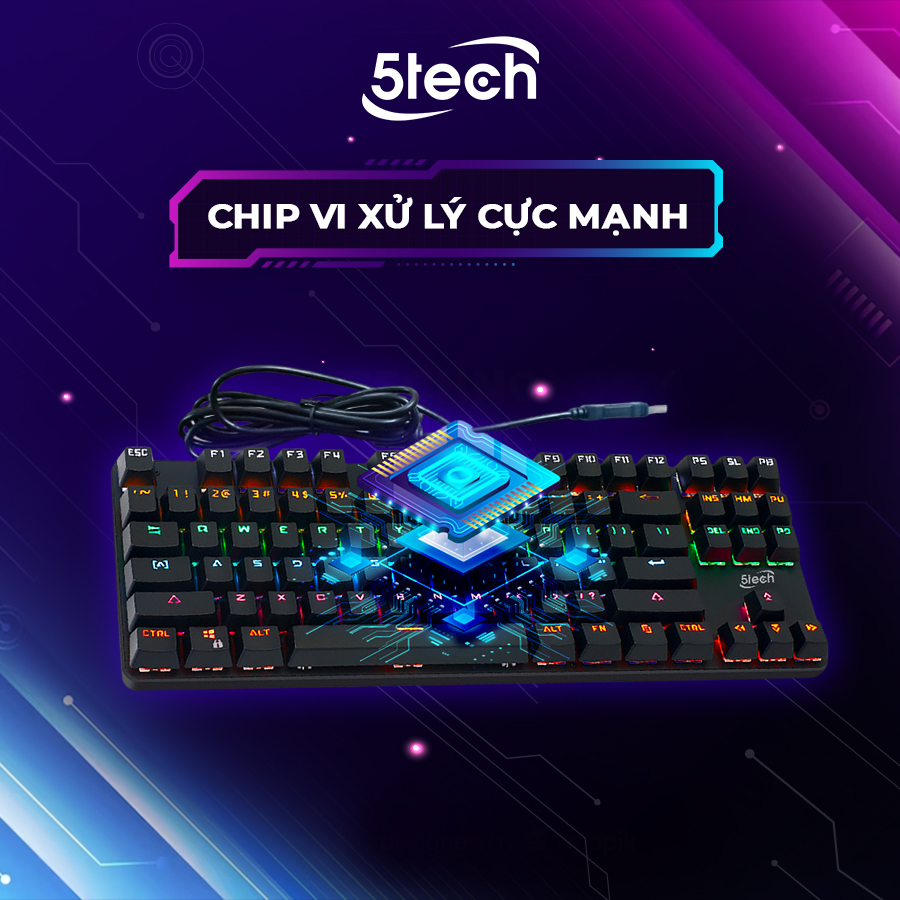 Bàn phím cơ gaming 5TECH Led RGB 10 chế độ nháy cực đẹp, chơi game gõ siêu đã, thiết kế nhỏ gọn dùng cho máy tính, laptop hàng chính hãng