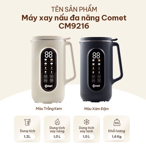 Máy làm sữa hạt đa năng 9in1 Comet, nấu sữa hạt, sữa đậu nành, cháo ăn dặm 1200ml - CM9216 bảo hành 12 tháng hàng chính hãng