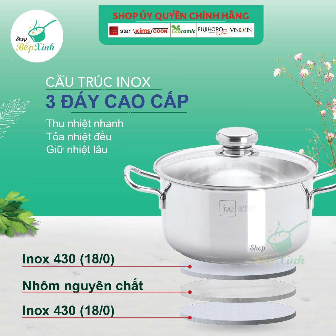 Hình ảnh Nồi Inox 430 Bếp Từ 3 Đáy Nắp Kính Fivestar