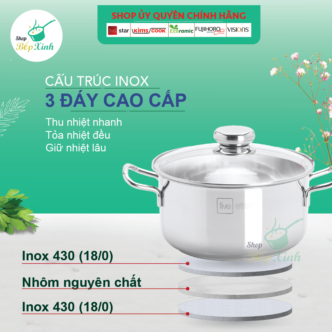 Nồi inox 430 bếp từ 3 đáy Sandwich FiveStar 24cm nắp kính