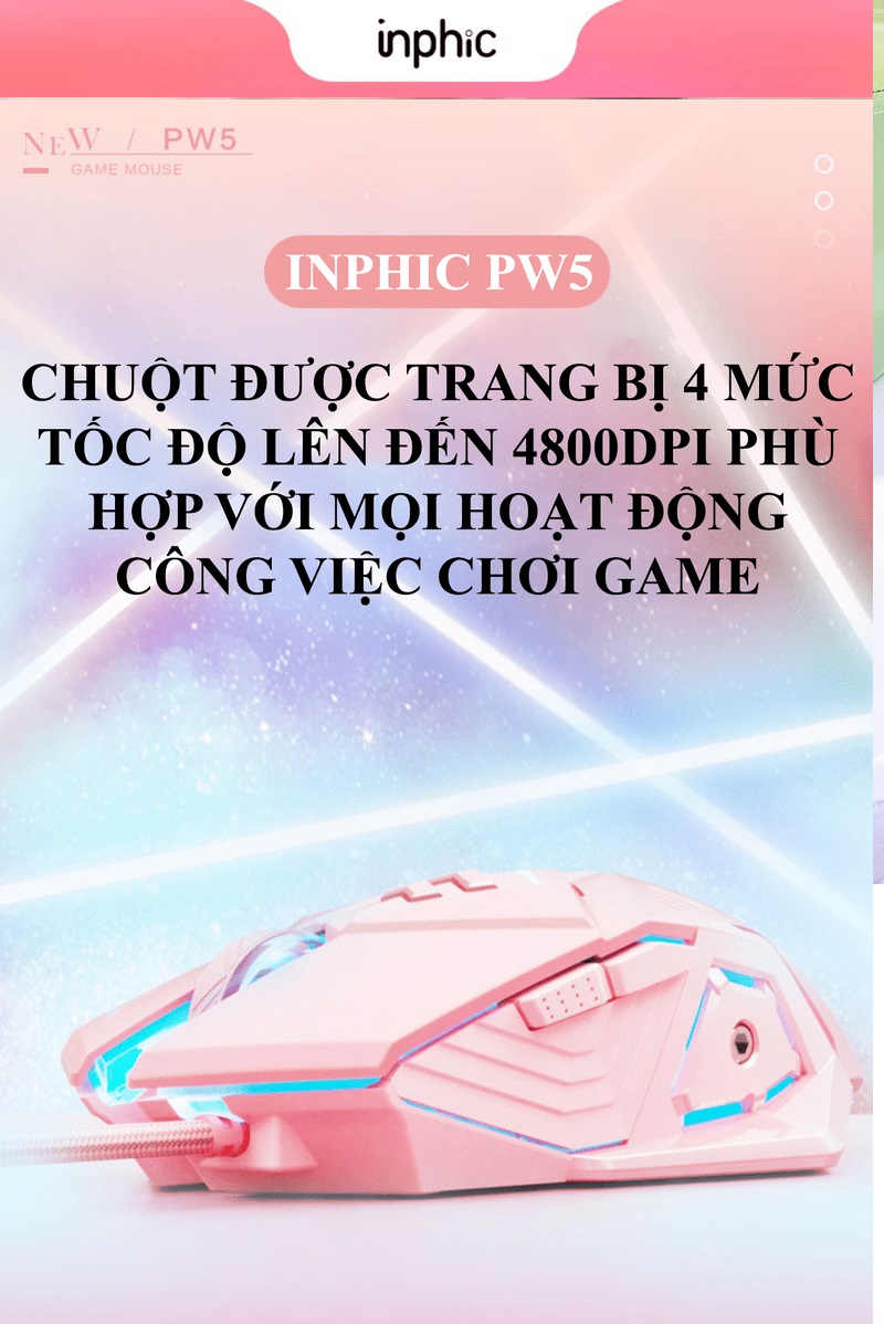 Chuột chơi game INPHIC PW5 thiết kế chuyên game với độ DPI lên đến 4800 phù hợp với các game thủ- JL-HÀNG CHÍNH HÃNG