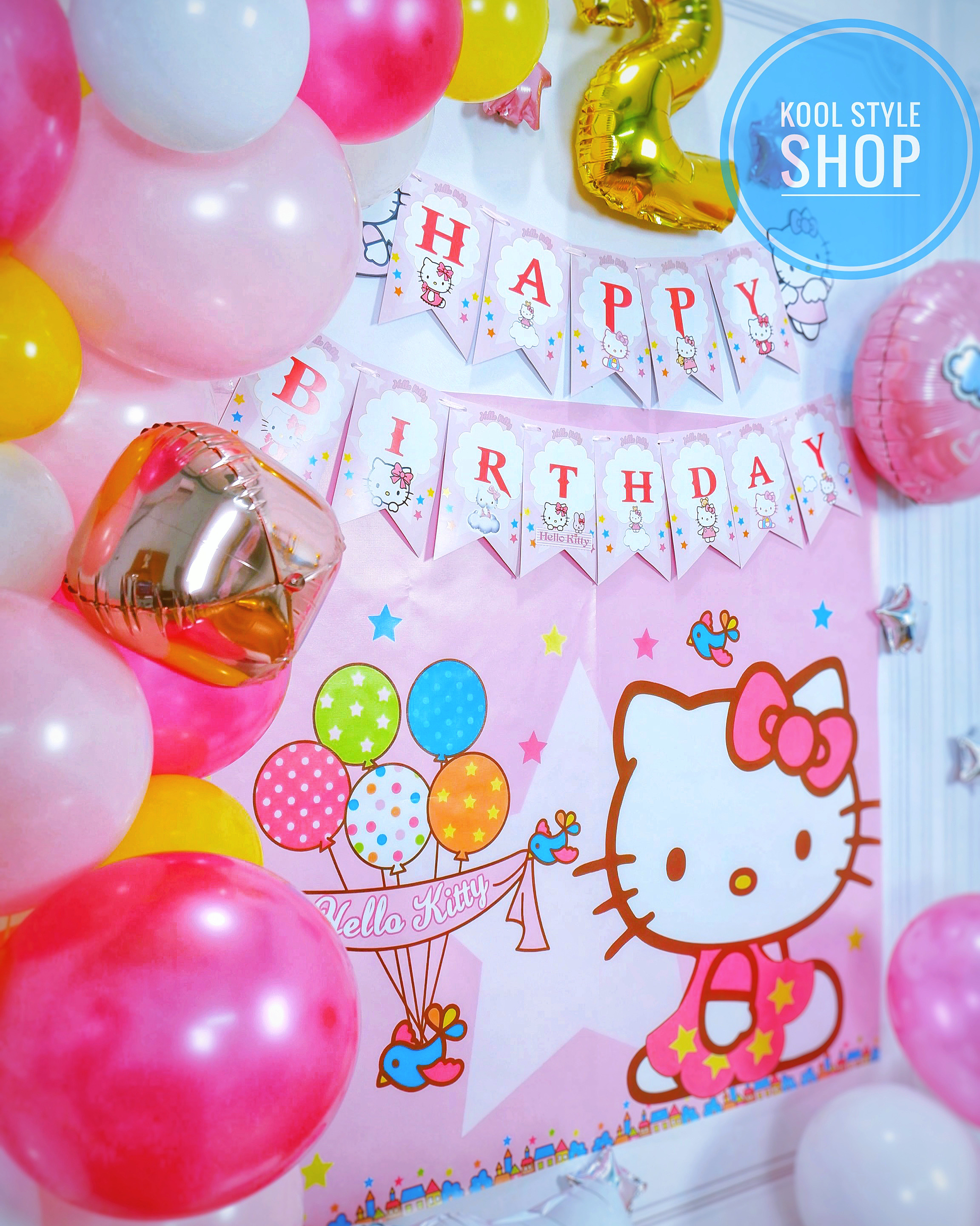 Backdrop phông nền bong bóng sinh nhật Kitty