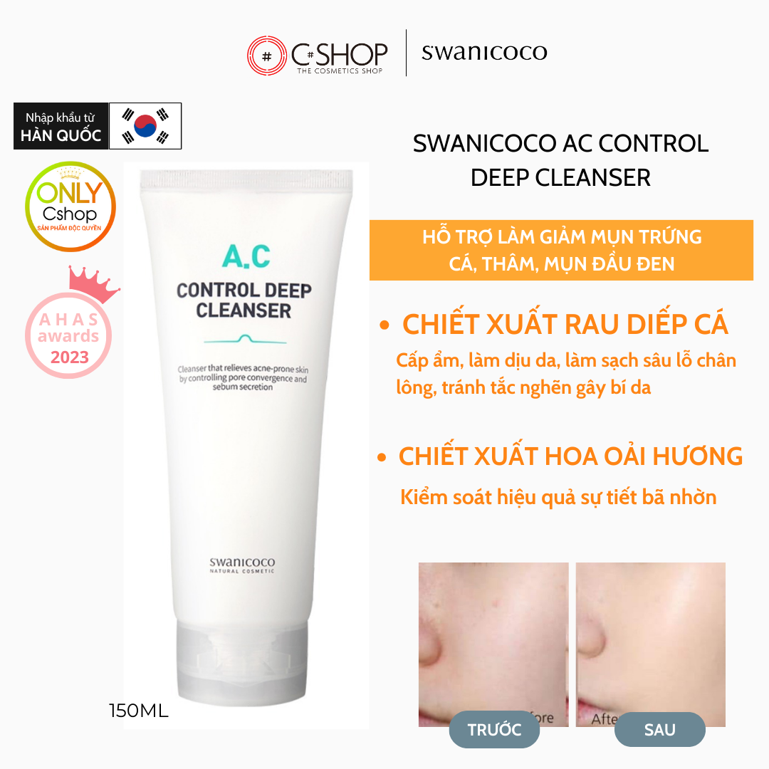 Sữa rửa mặt ngừa mụn, làm sạch lỗ chân lông Swanicoco AC Control Deep Cleanser