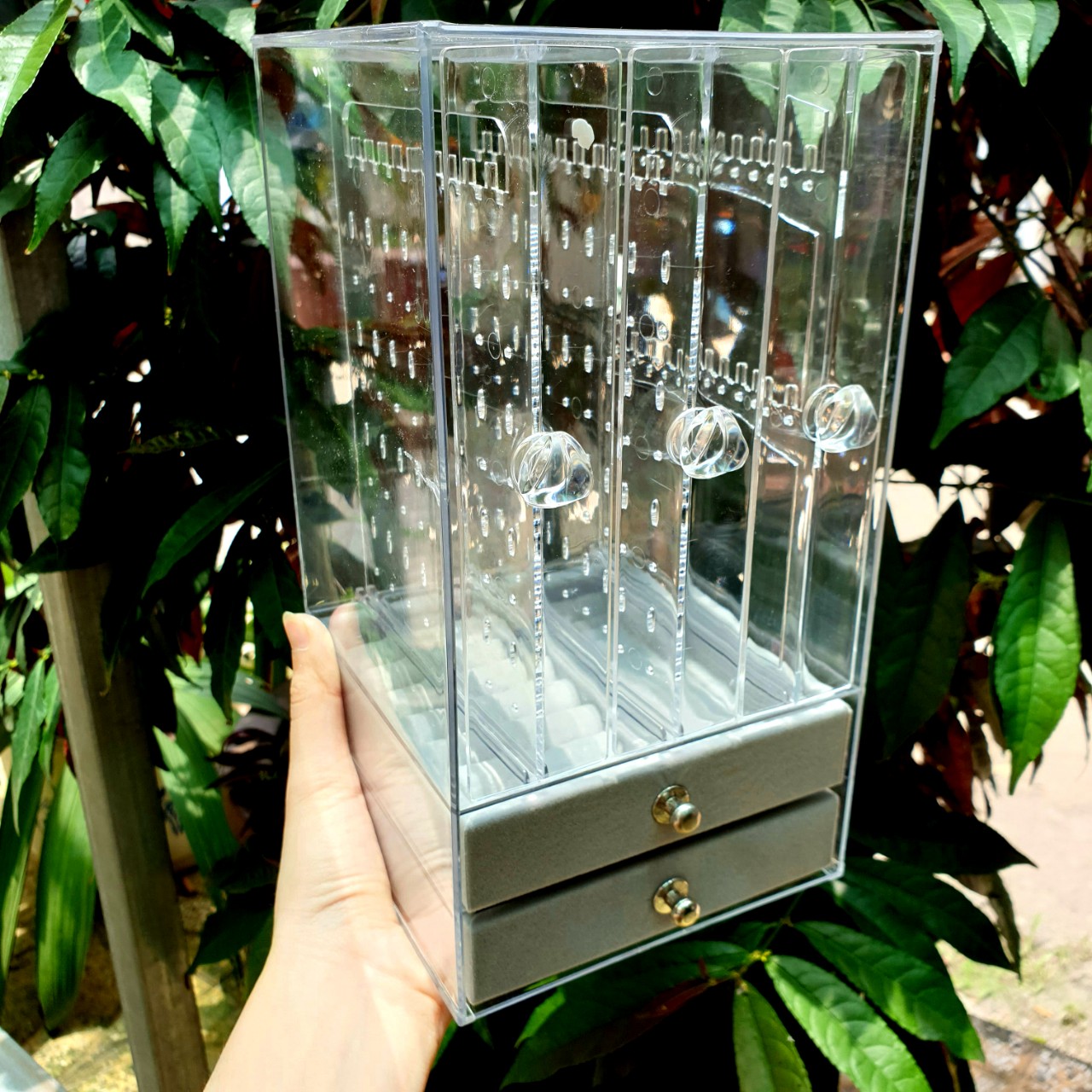 Kệ Đựng BôngTai Nhựa Mica 3 Cánh 2 Ngăn Kéo Trong Suốt Cao Cấp