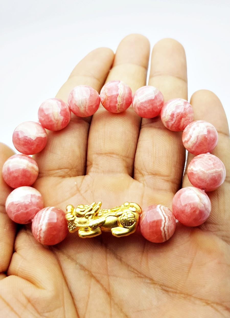 Vòng Tay Tỳ Hưu Đá Đào Hoa Rhodochrosite Tự Nhiên 14mm