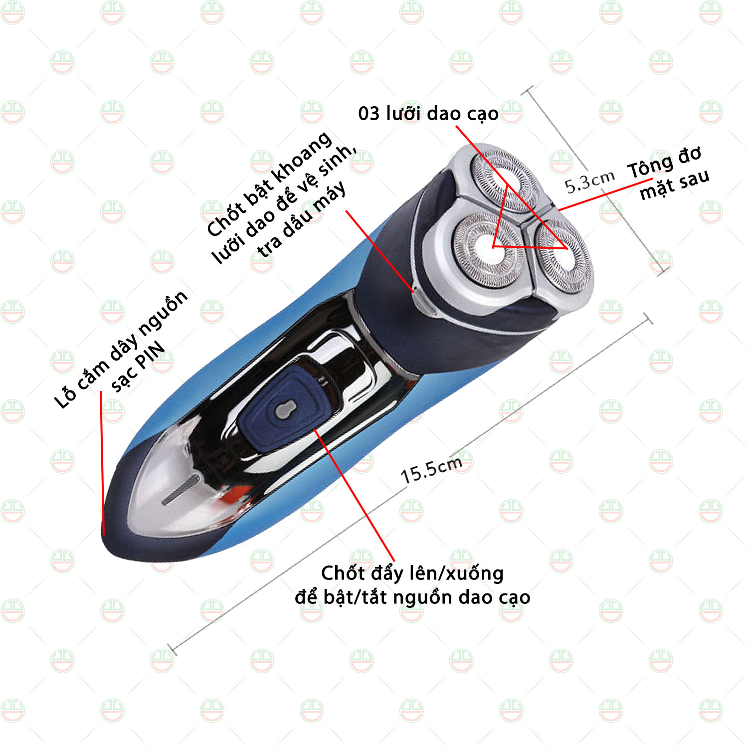 (Láng Sạch) Máy Cạo Râu KhoNCC Hàng Chính Hãng - 03 Lưỡi Tròn Chống Nước Cao Cấp Có Tông Đơ - Dùng Pin Sạc - KPD-KM7390-5283 (Xanh phối Bạc)