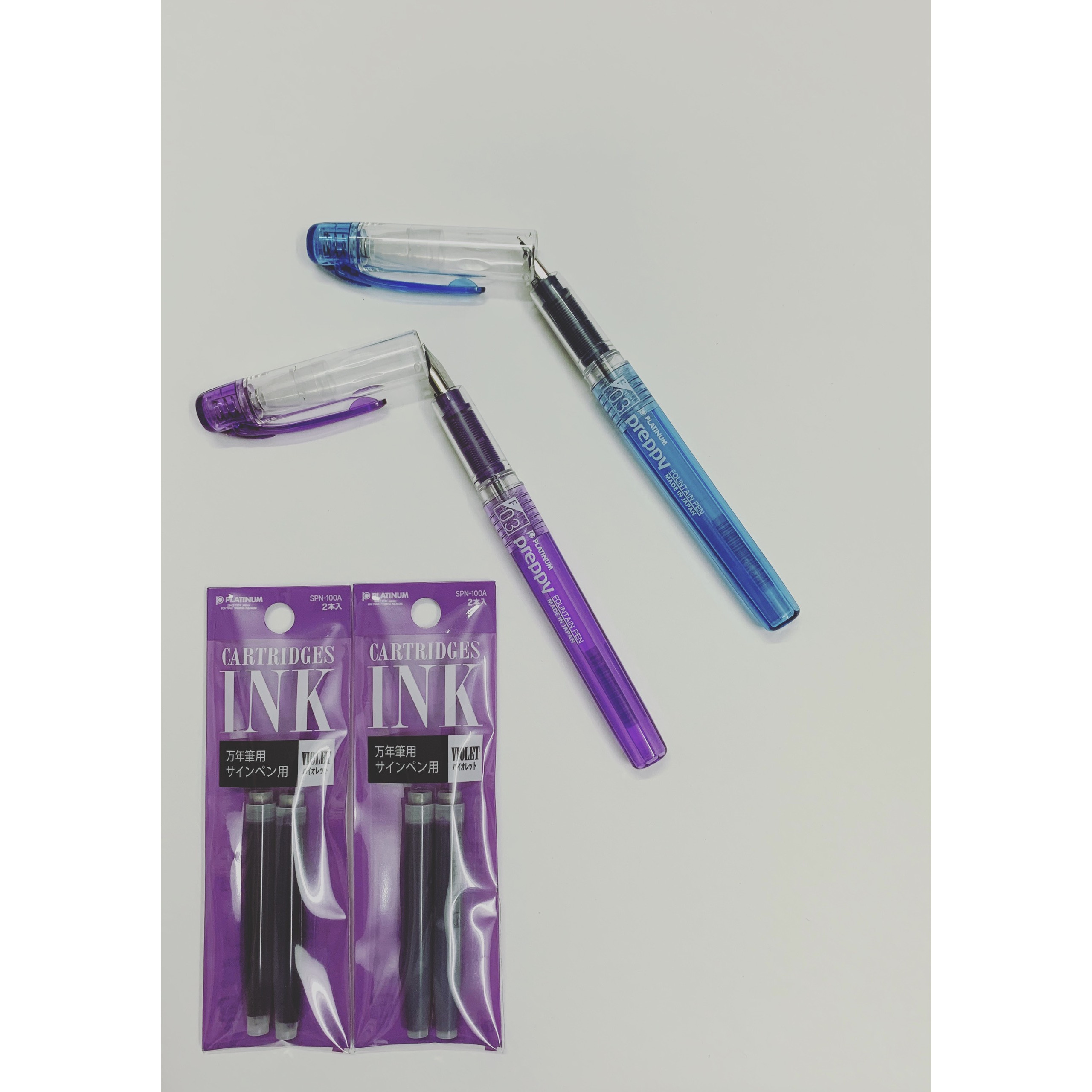 Combo 1 bút preppy vỏ tím, 1 bút preppy vỏ xanh, 4 ống mực tím