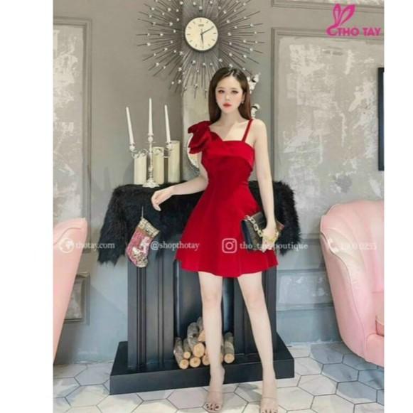 Đầm Xòe - Đầm Xòe Nữ 1 Dây Kết Nơ Vai Xinh Xắn