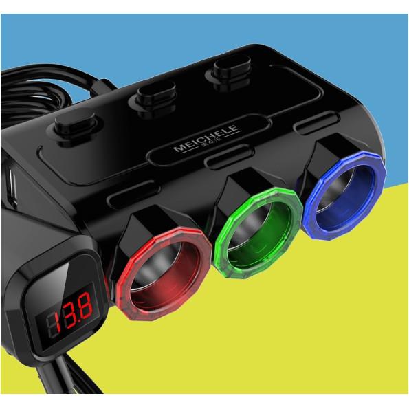 Bộ chia nguồn ô tô Meichele cao cấp 3 Tẩu - 2USB LCD