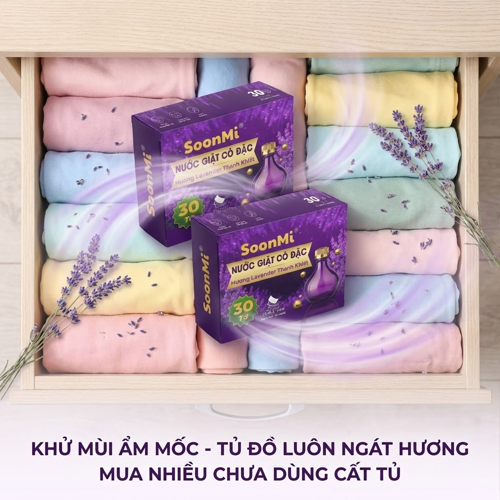 Nước Giặt Cô Đặc SoonMi Hương Lavender - Công Nghệ Giặt Tẩy Thế Hệ Mới (Hộp 30 Tờ) - hàng chính hãng
