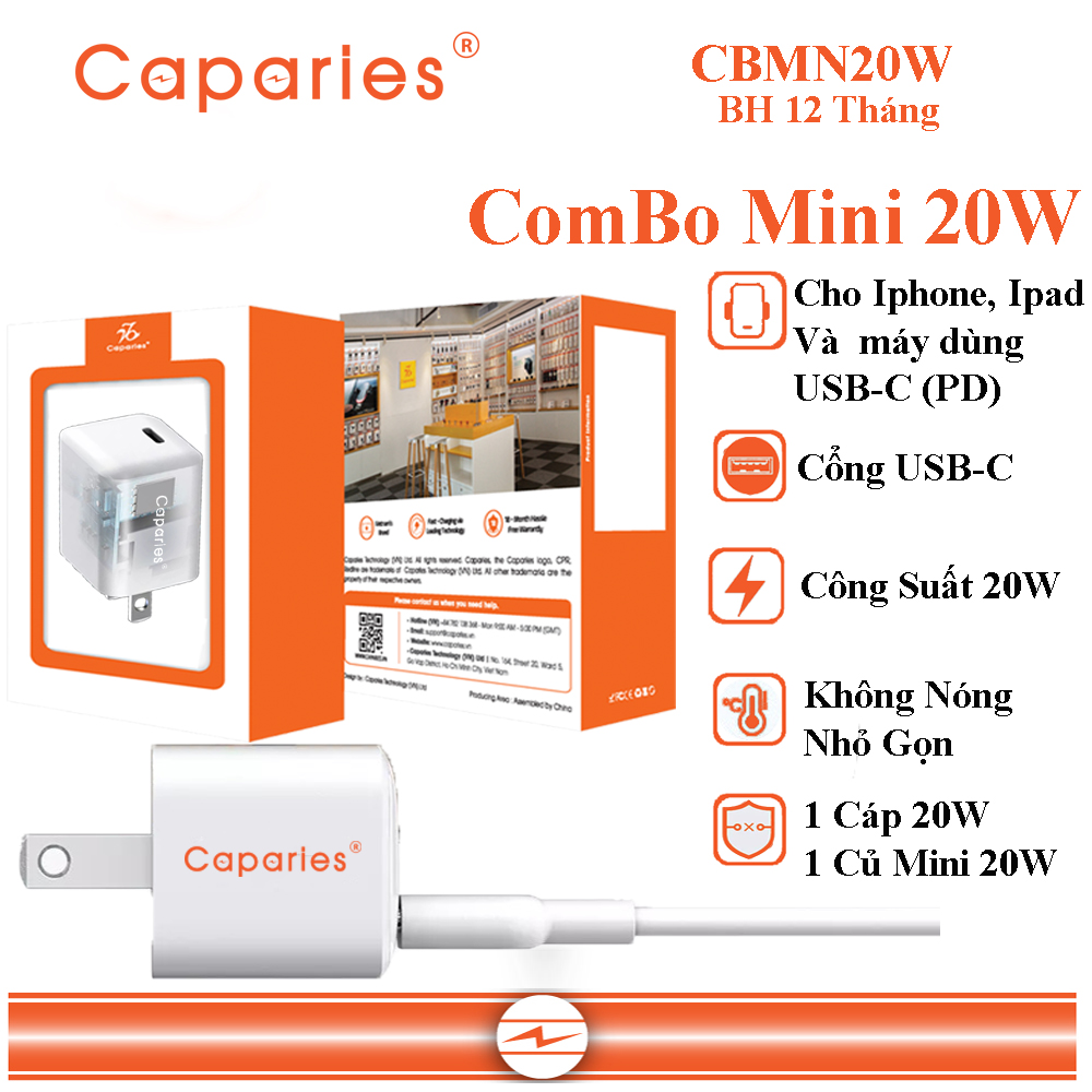 Combo Củ Sạc và Cáp Sạc 20W CAPARIES CBMN20W cho Iphone 8 trở lên, Ipad và các dòng điện thoại dùng cổng USB-C (PD) - Hàng Chính Hãng