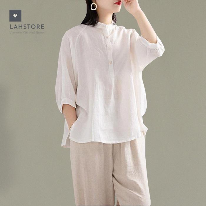 Áo sơ mi nữ linen cổ tầu form rộng tay cánh rơi LAHSTORE, thời trang phong cách trẻ