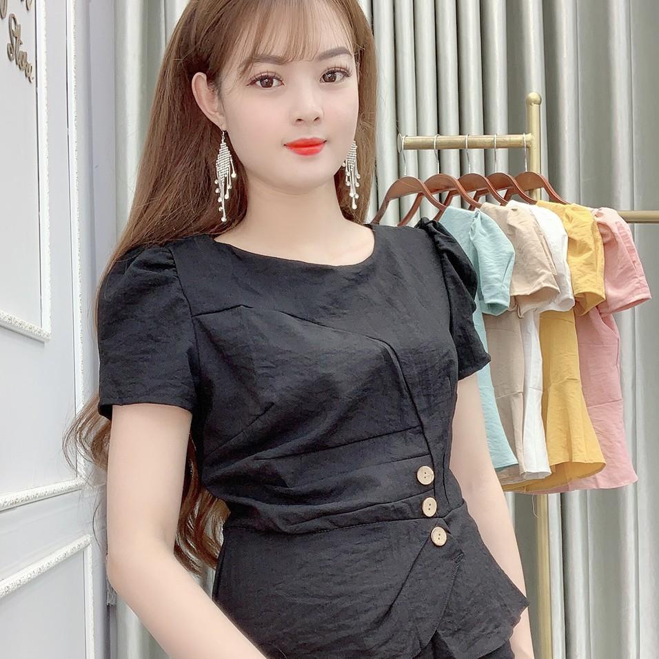 Áo Sơ Mi Nữ Kiểu Chất Đũi Công Sở Ngắn Tay Cổ Tròn - 6 Màu Trắng Vàng Đen Xanh Hồng Be - Hanlly Fashion Thời Trang - A13