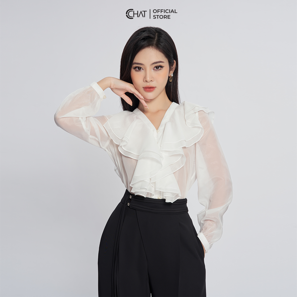Áo Sơ Mi Nữ  Cổ V Bèo 2 Tầng Rủ Chất Voan Cao Cấp 13FDV2010ST