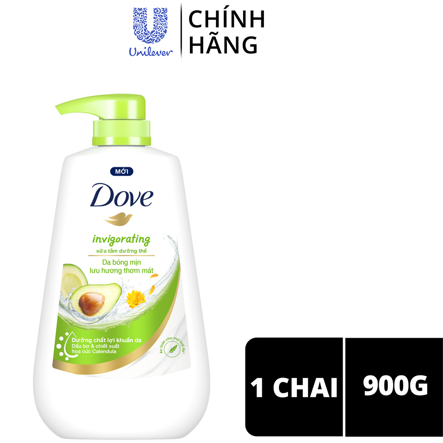 Sữa tắm dưỡng thể Dove Invigorating Da bóng mịn thơm mát với dầu bơ và hoa cúc Calendular 900g