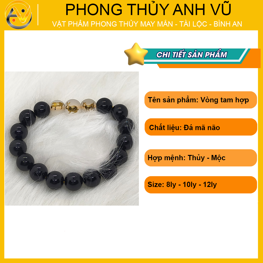 Vòng tay hợi mão mùi đã khai quang - chất liệu mã não đen tự nhiên - size 8 10 12ly - may mắn tài lộc - Vòng Tam Hợp Anh Vũ