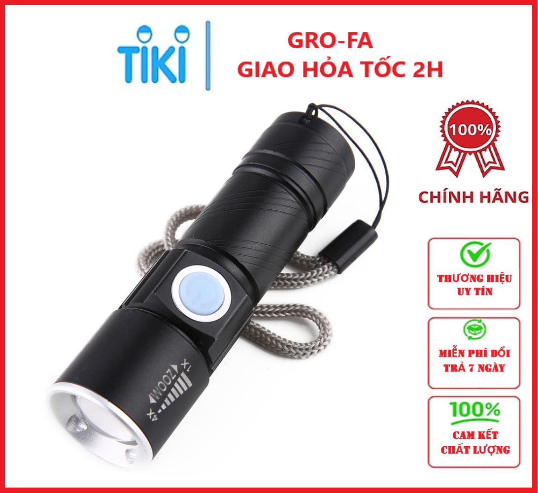 Hình ảnh Đèn Pin Mini Có Zoom Siêu Sáng Đầu Sạc Usb Hợp Kim Nhôm - Chính Hãng 